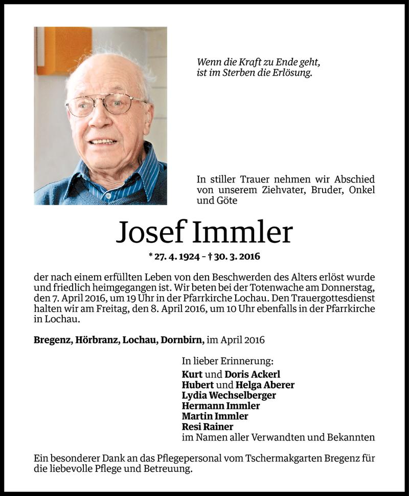  Todesanzeige für Josef Immler vom 05.04.2016 aus Vorarlberger Nachrichten