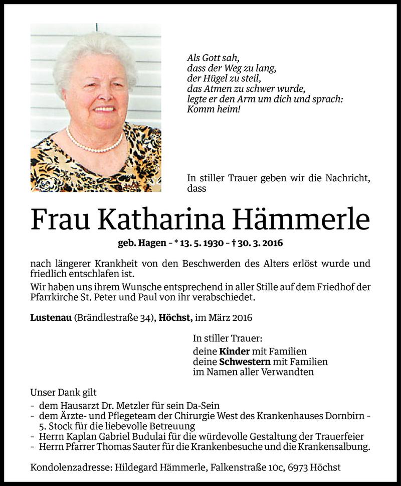  Todesanzeige für Katharina Hämmerle vom 07.04.2016 aus Vorarlberger Nachrichten