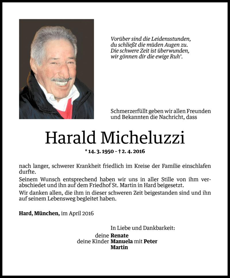  Todesanzeige für Harald Micheluzzi vom 07.04.2016 aus Vorarlberger Nachrichten