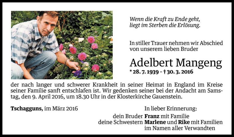  Todesanzeige für Adelbert Mangeng vom 06.04.2016 aus Vorarlberger Nachrichten