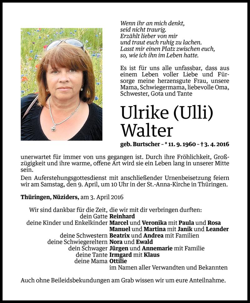  Todesanzeige für Ulrike Walter vom 06.04.2016 aus Vorarlberger Nachrichten