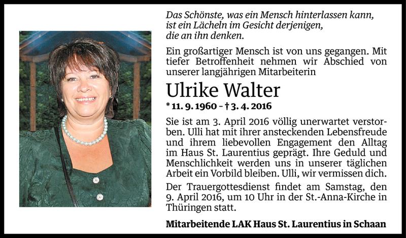  Todesanzeige für Ulrike Walter vom 06.04.2016 aus Vorarlberger Nachrichten