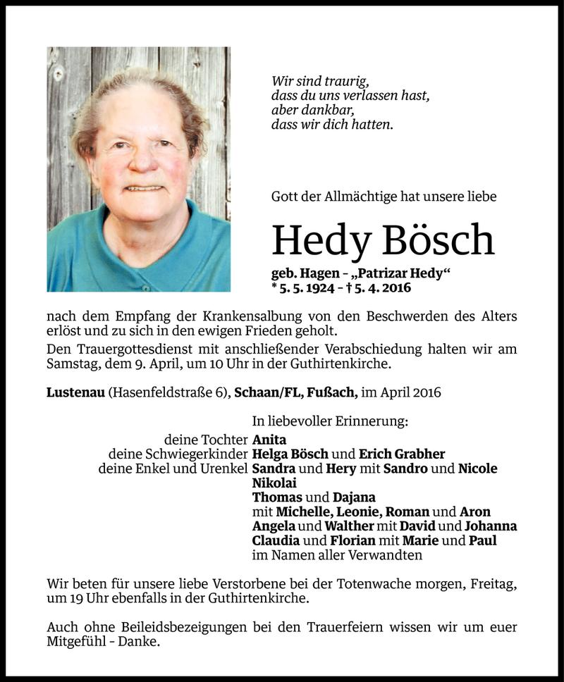  Todesanzeige für Hedy Bösch vom 06.04.2016 aus Vorarlberger Nachrichten