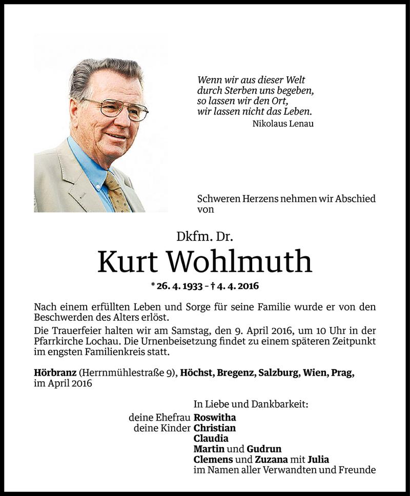  Todesanzeige für Kurt Wohlmuth vom 06.04.2016 aus Vorarlberger Nachrichten