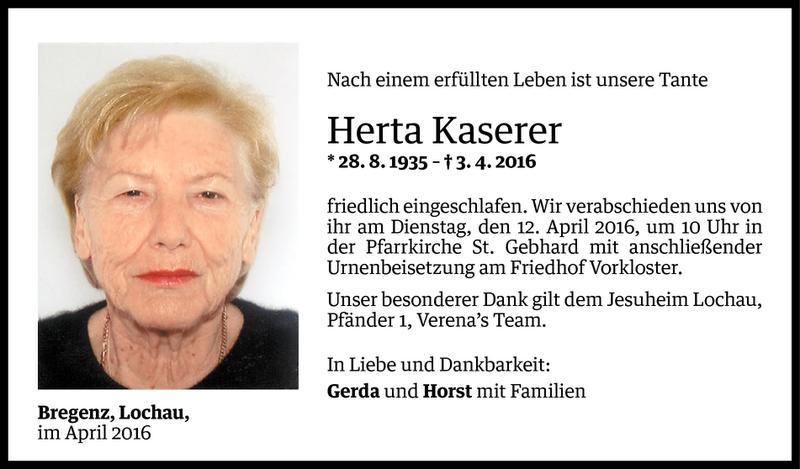  Todesanzeige für Herta Kaserer vom 08.04.2016 aus Vorarlberger Nachrichten