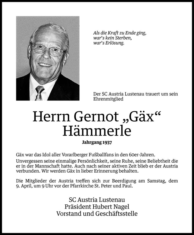  Todesanzeige für Gernot Hämmerle vom 07.04.2016 aus Vorarlberger Nachrichten