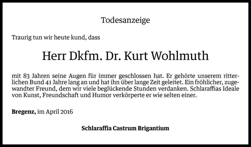  Todesanzeige für Kurt Wohlmuth vom 07.04.2016 aus Vorarlberger Nachrichten