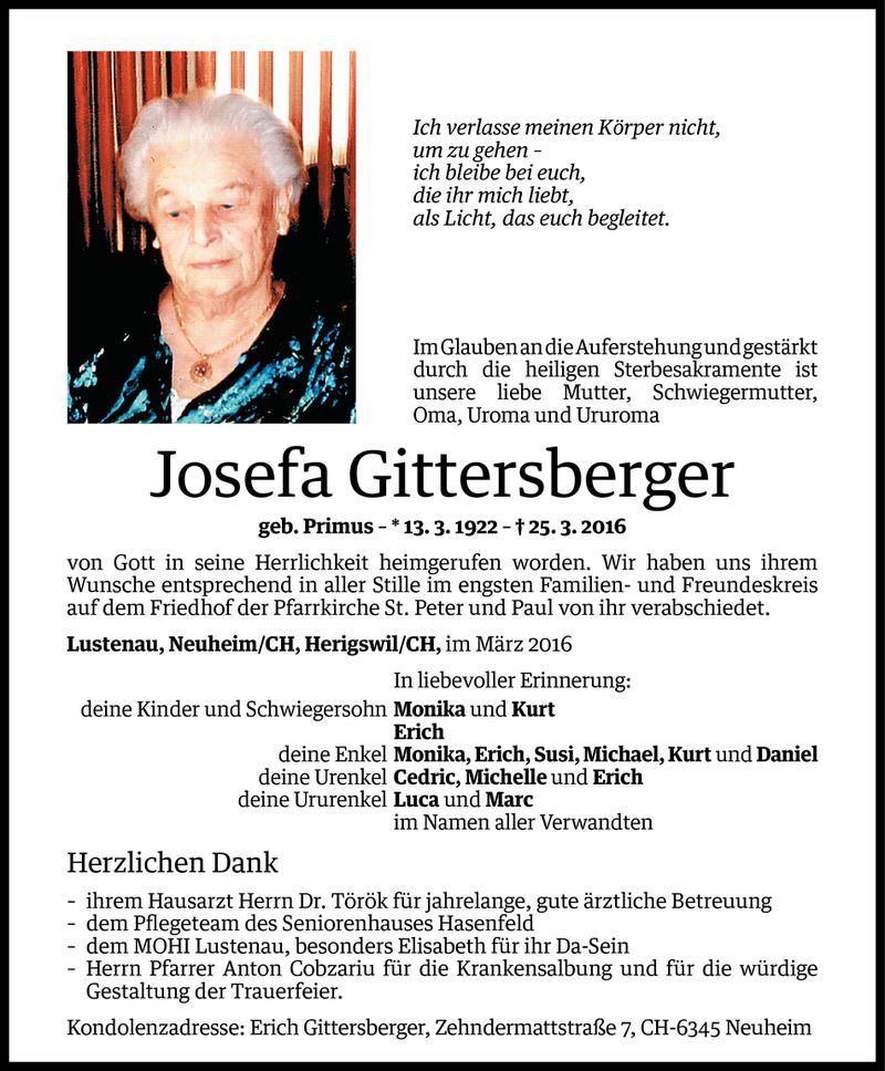  Todesanzeige für Josefa Gittersberger vom 08.04.2016 aus Vorarlberger Nachrichten