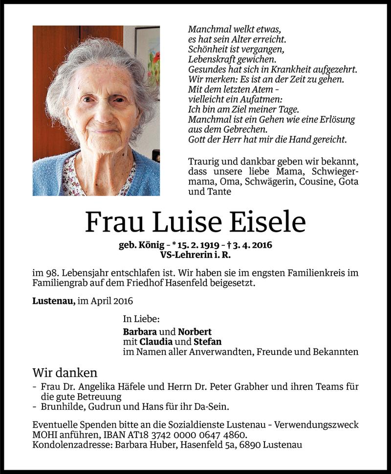  Todesanzeige für Luise Eisele vom 08.04.2016 aus Vorarlberger Nachrichten