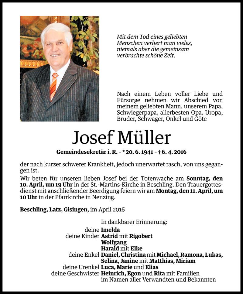  Todesanzeige für Josef Müller vom 08.04.2016 aus Vorarlberger Nachrichten