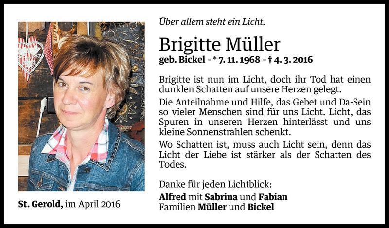  Todesanzeige für Brigitte Müller vom 08.04.2016 aus Vorarlberger Nachrichten