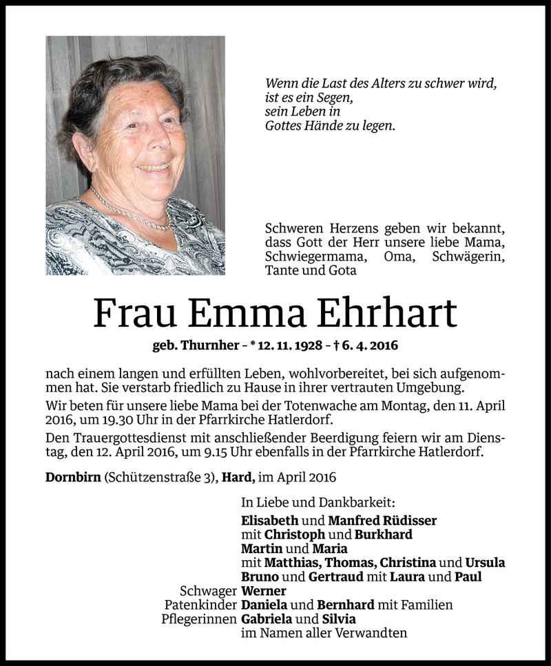  Todesanzeige für Emma Ehrhart vom 08.04.2016 aus Vorarlberger Nachrichten