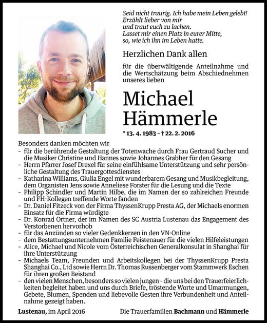 Todesanzeige von Michael Hämmerle von Vorarlberger Nachrichten