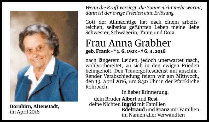  Todesanzeige für Anna Grabher vom 10.04.2016 aus Vorarlberger Nachrichten