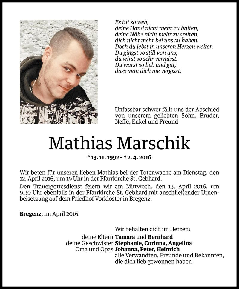  Todesanzeige für Mathias Marschik vom 08.04.2016 aus Vorarlberger Nachrichten