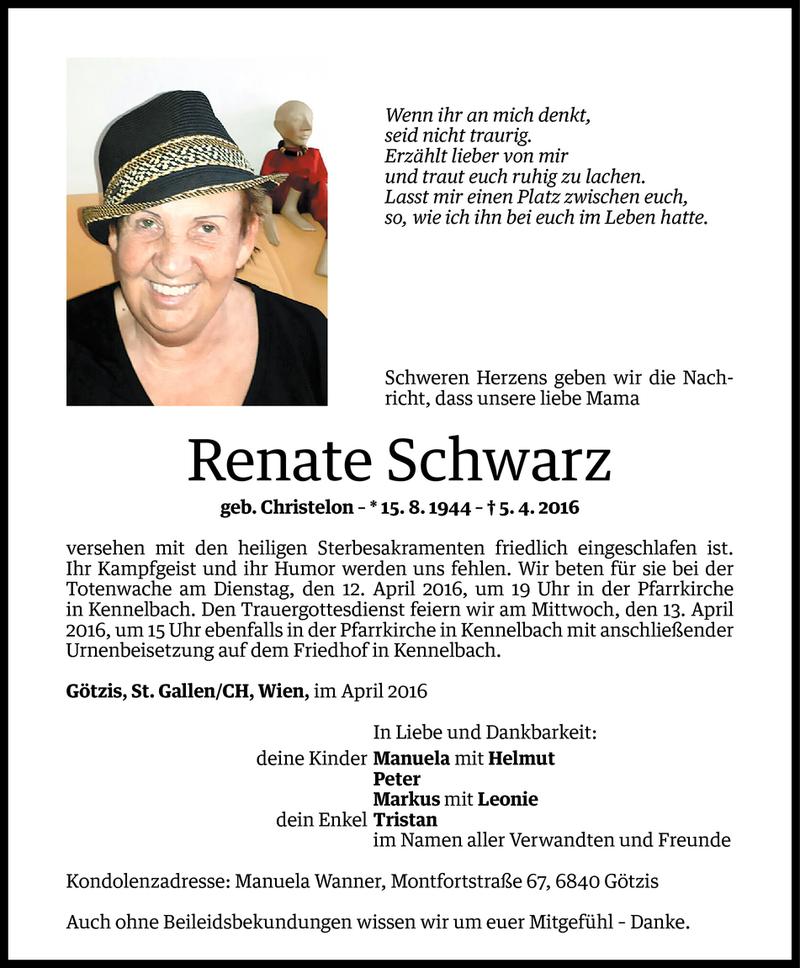  Todesanzeige für Renate Schwarz­ vom 08.04.2016 aus Vorarlberger Nachrichten