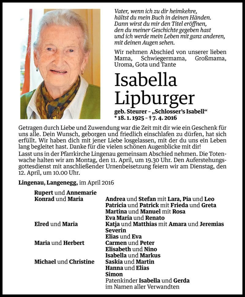  Todesanzeige für Isabella Lipburger vom 08.04.2016 aus Vorarlberger Nachrichten