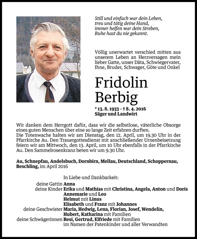  Todesanzeige für Fridolin Berbig vom 10.04.2016 aus Vorarlberger Nachrichten