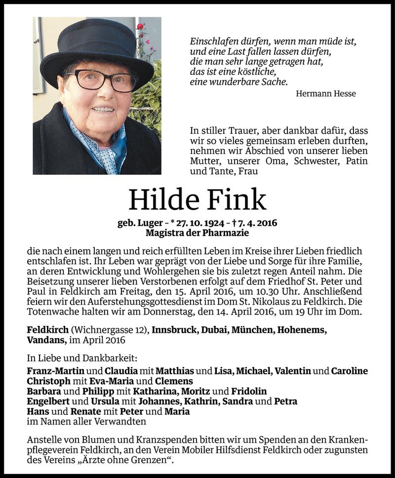 Todesanzeige für Hilde Fink vom 11.04.2016 aus Vorarlberger Nachrichten