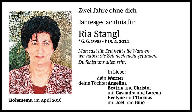  Todesanzeige für Maria Stangl vom 14.04.2016 aus Vorarlberger Nachrichten