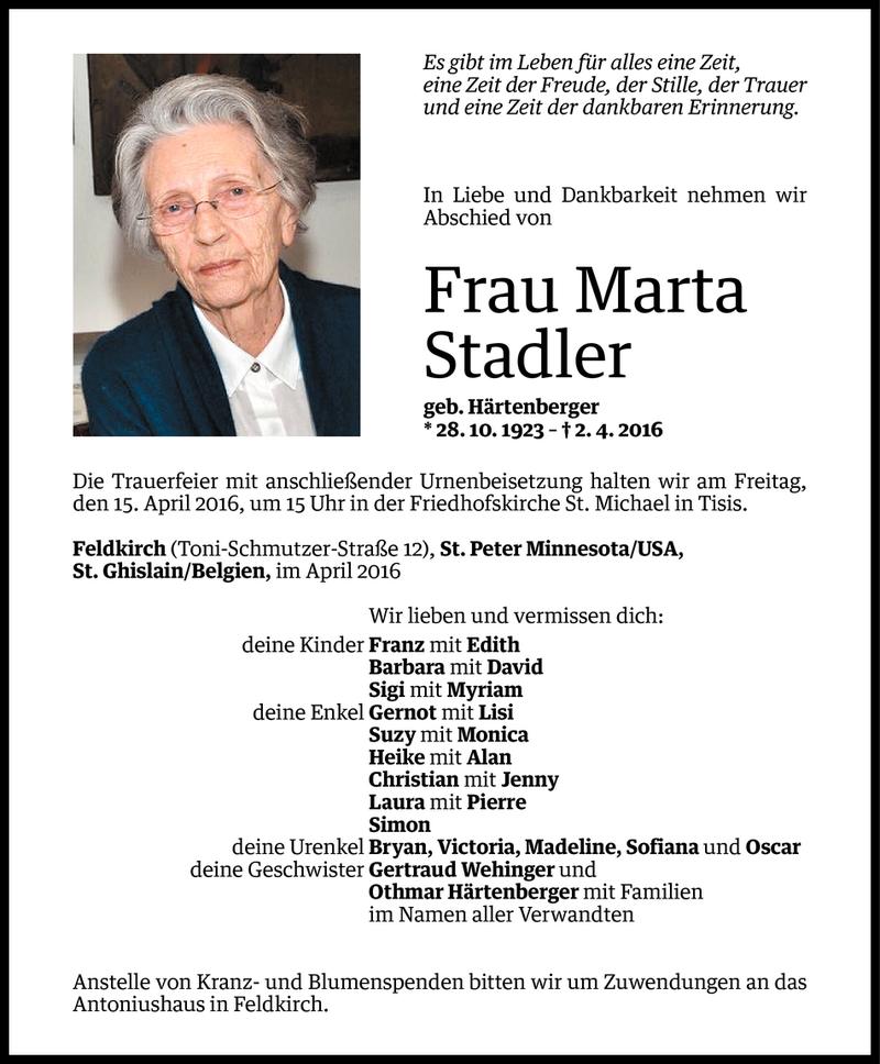  Todesanzeige für Marta Stadler vom 12.04.2016 aus Vorarlberger Nachrichten