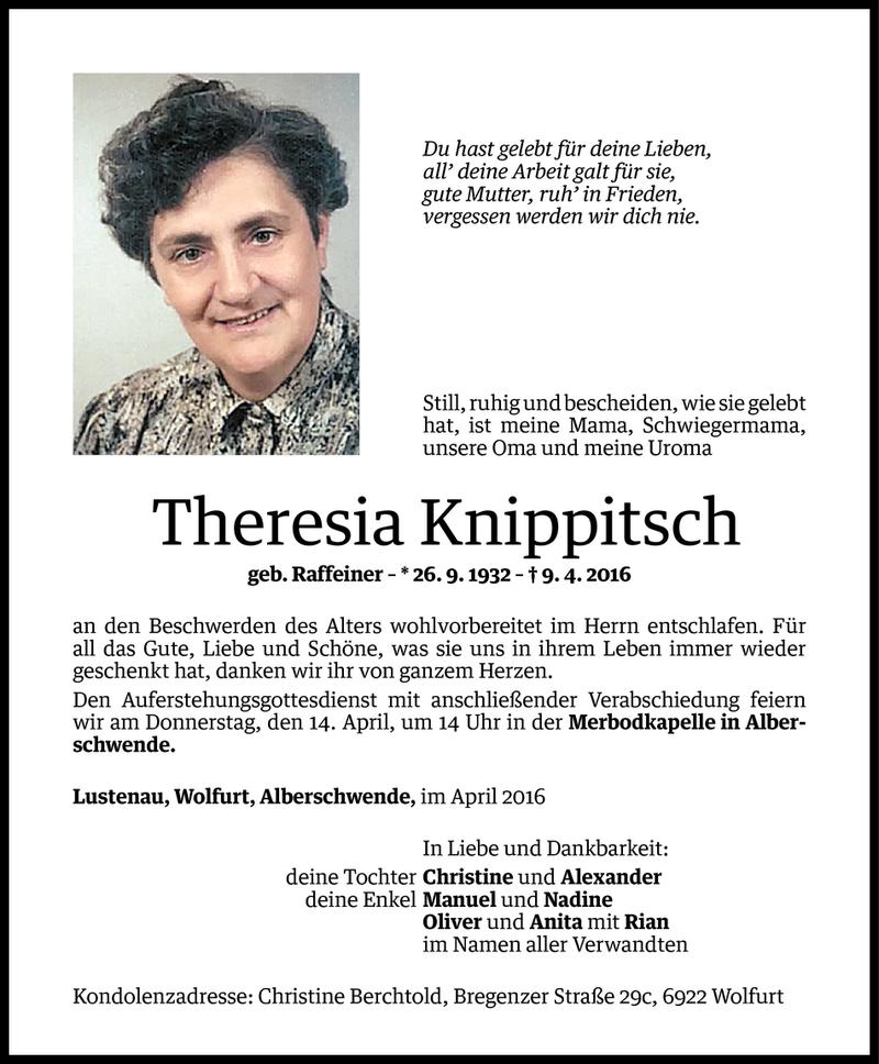  Todesanzeige für Theresia Knippitsch vom 12.04.2016 aus Vorarlberger Nachrichten