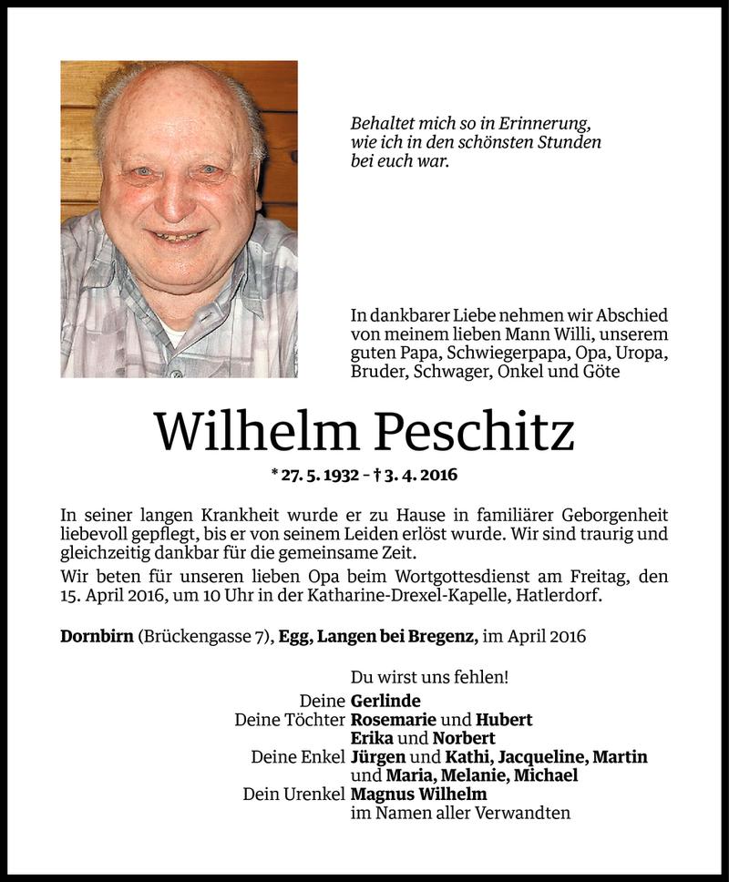  Todesanzeige für Wilhelm Peschitz vom 12.04.2016 aus Vorarlberger Nachrichten