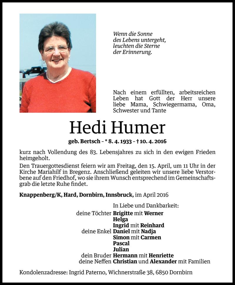  Todesanzeige für Hedi Humer vom 12.04.2016 aus Vorarlberger Nachrichten