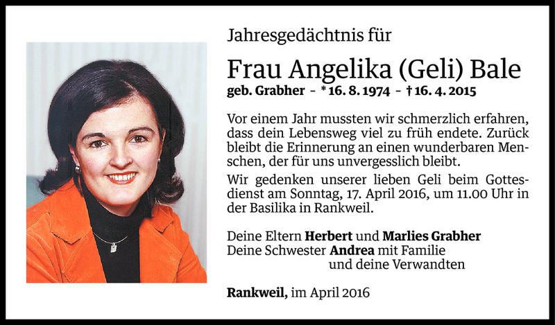  Todesanzeige für Angelika Bale vom 15.04.2016 aus Vorarlberger Nachrichten