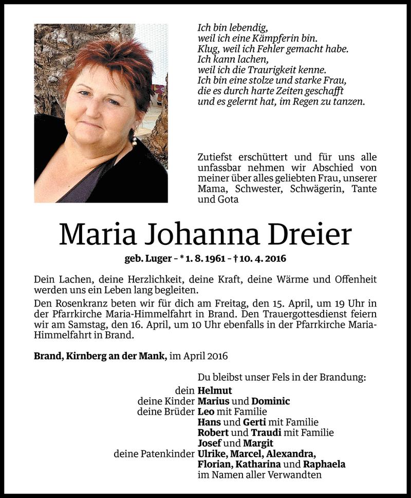  Todesanzeige für Maria Johanna Dreier vom 14.04.2016 aus Vorarlberger Nachrichten