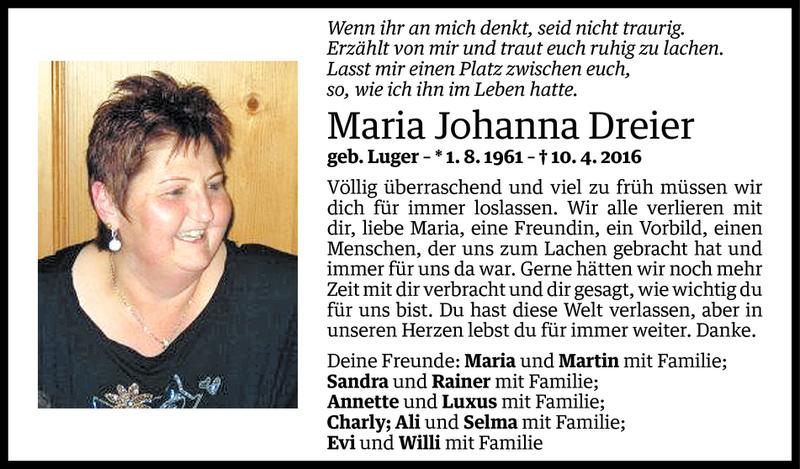  Todesanzeige für Maria Johanna Dreier vom 14.04.2016 aus Vorarlberger Nachrichten