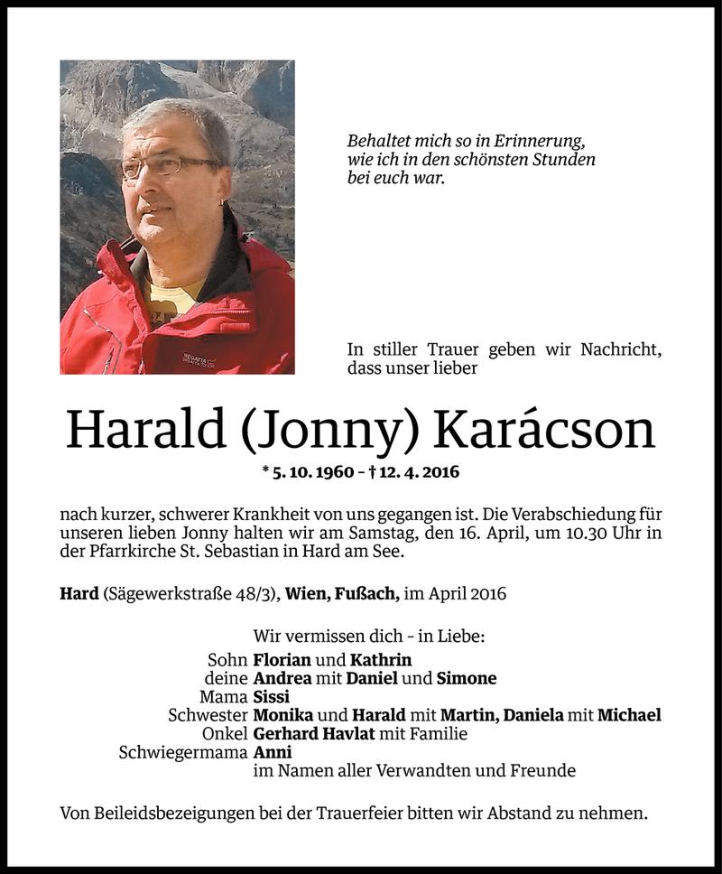  Todesanzeige für Harald Karacson vom 13.04.2016 aus Vorarlberger Nachrichten