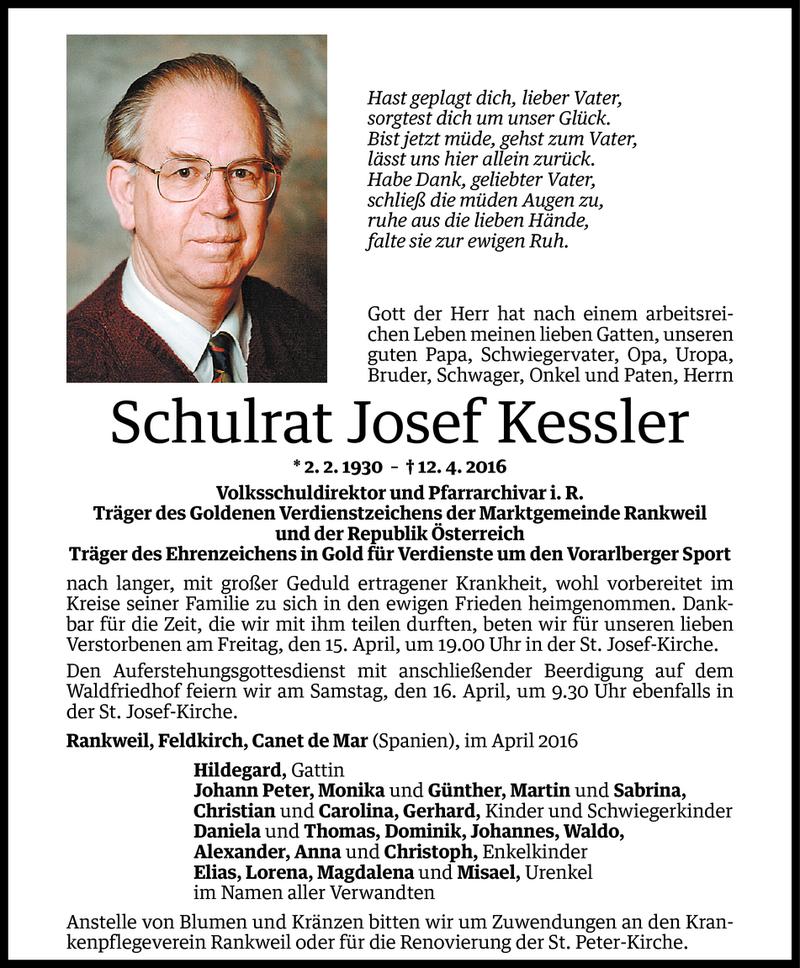  Todesanzeige für Josef Kessler vom 14.04.2016 aus Vorarlberger Nachrichten