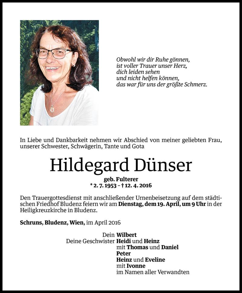  Todesanzeige für Hildegard Dünser vom 16.04.2016 aus Vorarlberger Nachrichten