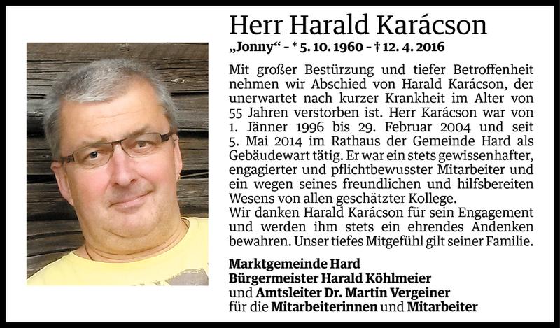  Todesanzeige für Harald Karacson vom 13.04.2016 aus Vorarlberger Nachrichten