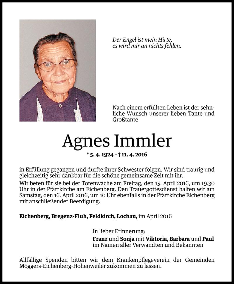  Todesanzeige für Agnes Immler vom 13.04.2016 aus Vorarlberger Nachrichten