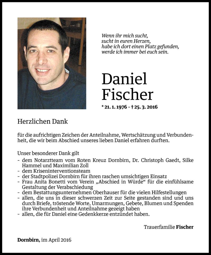  Todesanzeige für Daniel Fischer vom 15.04.2016 aus Vorarlberger Nachrichten