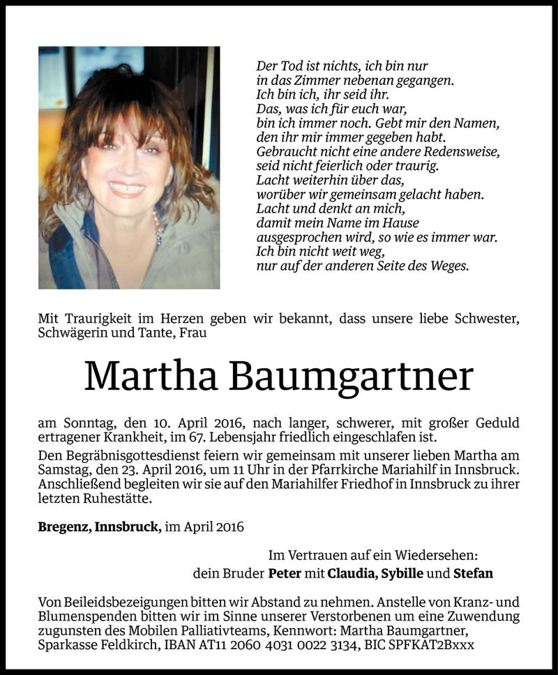  Todesanzeige für Martha Baumgartner vom 15.04.2016 aus Vorarlberger Nachrichten