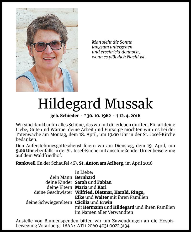  Todesanzeige für Hildegard Mussak vom 15.04.2016 aus Vorarlberger Nachrichten