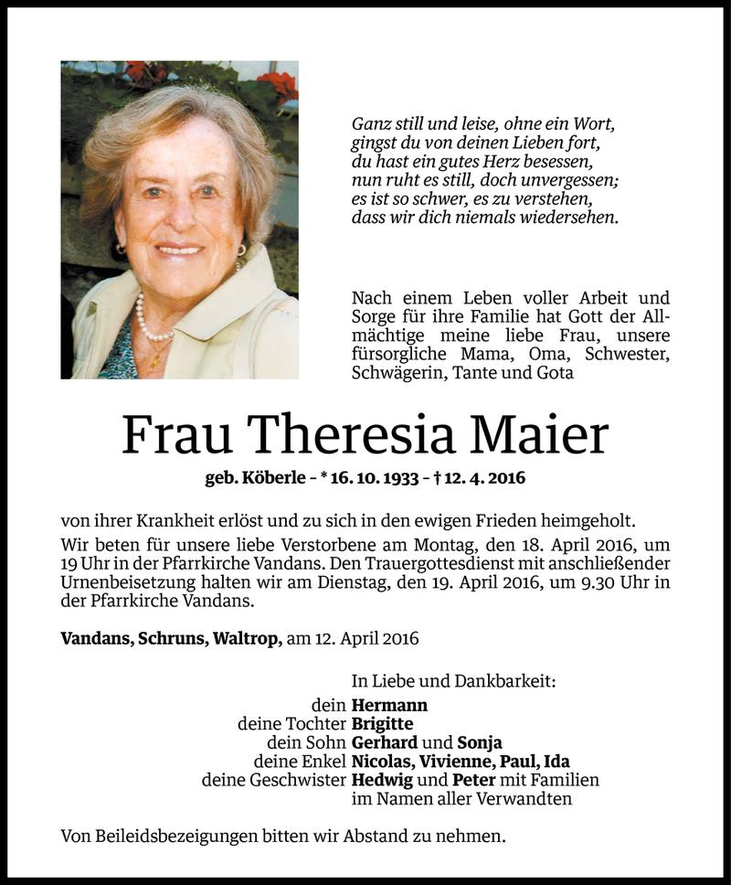  Todesanzeige für Theresia Maier vom 14.04.2016 aus Vorarlberger Nachrichten