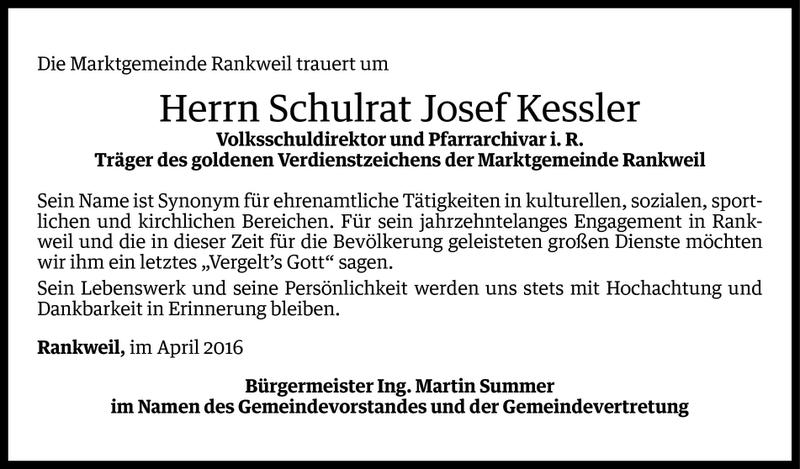  Todesanzeige für Josef Kessler vom 14.04.2016 aus Vorarlberger Nachrichten