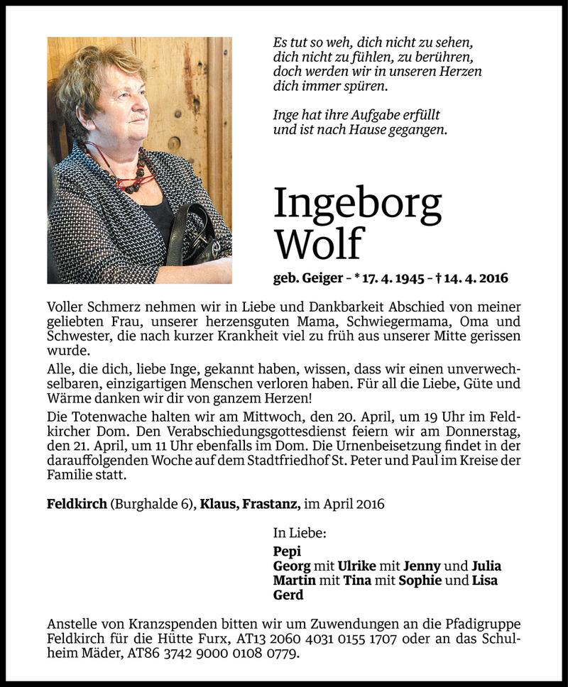  Todesanzeige für Ingeborg Wolf vom 15.04.2016 aus Vorarlberger Nachrichten