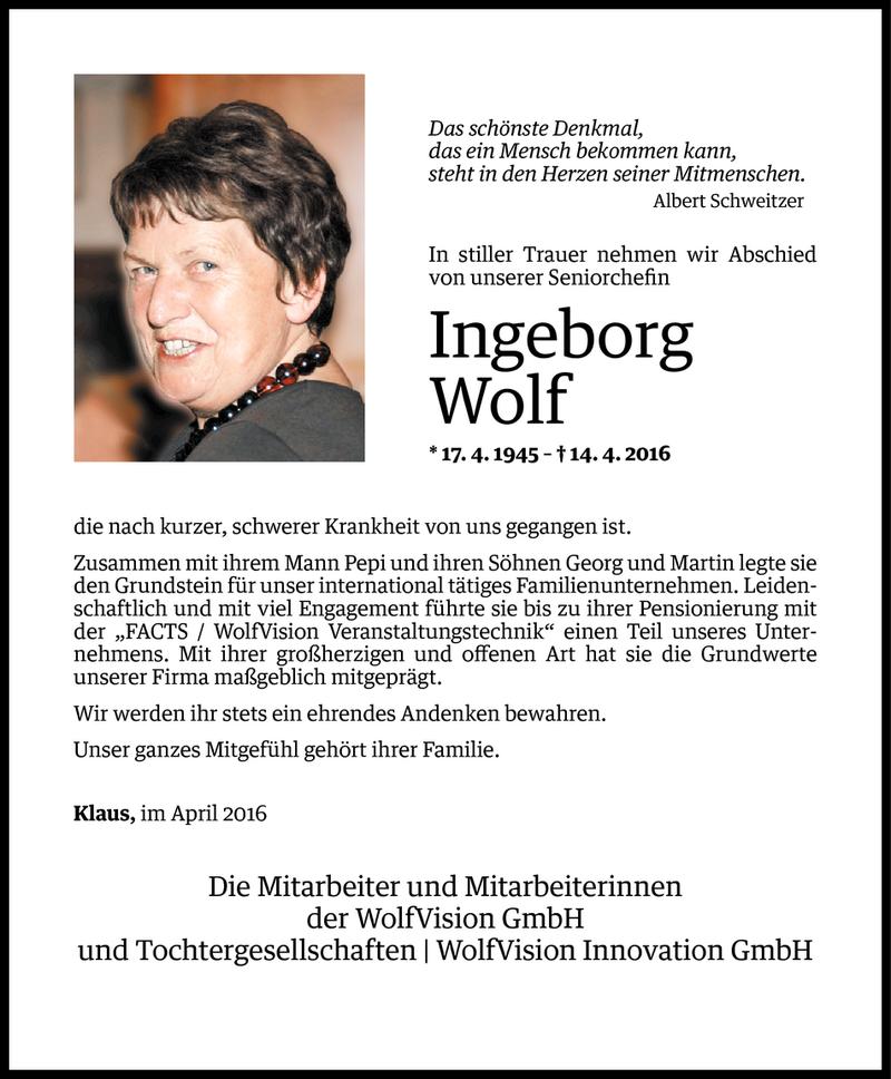  Todesanzeige für Ingeborg Wolf vom 15.04.2016 aus Vorarlberger Nachrichten