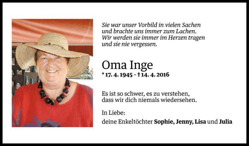  Todesanzeige für Ingeborg Wolf vom 15.04.2016 aus Vorarlberger Nachrichten