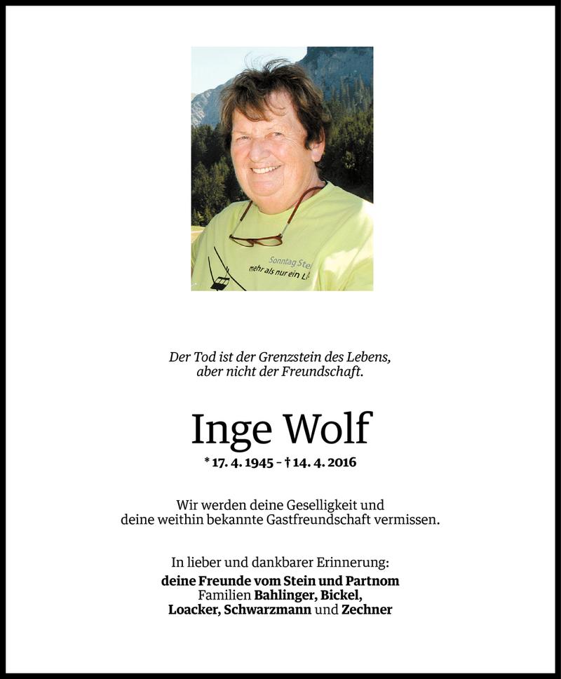  Todesanzeige für Ingeborg Wolf vom 17.04.2016 aus Vorarlberger Nachrichten