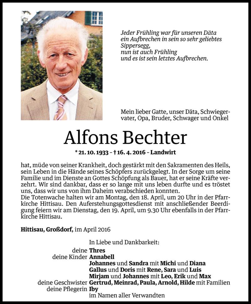  Todesanzeige für Alfons Bechter vom 17.04.2016 aus Vorarlberger Nachrichten