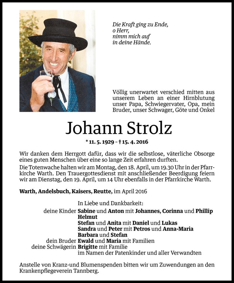  Todesanzeige für Johann Strolz vom 17.04.2016 aus Vorarlberger Nachrichten