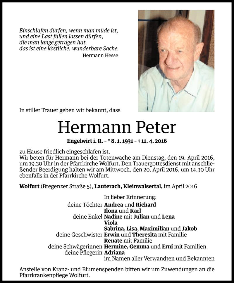  Todesanzeige für Hermann Peter vom 17.04.2016 aus Vorarlberger Nachrichten