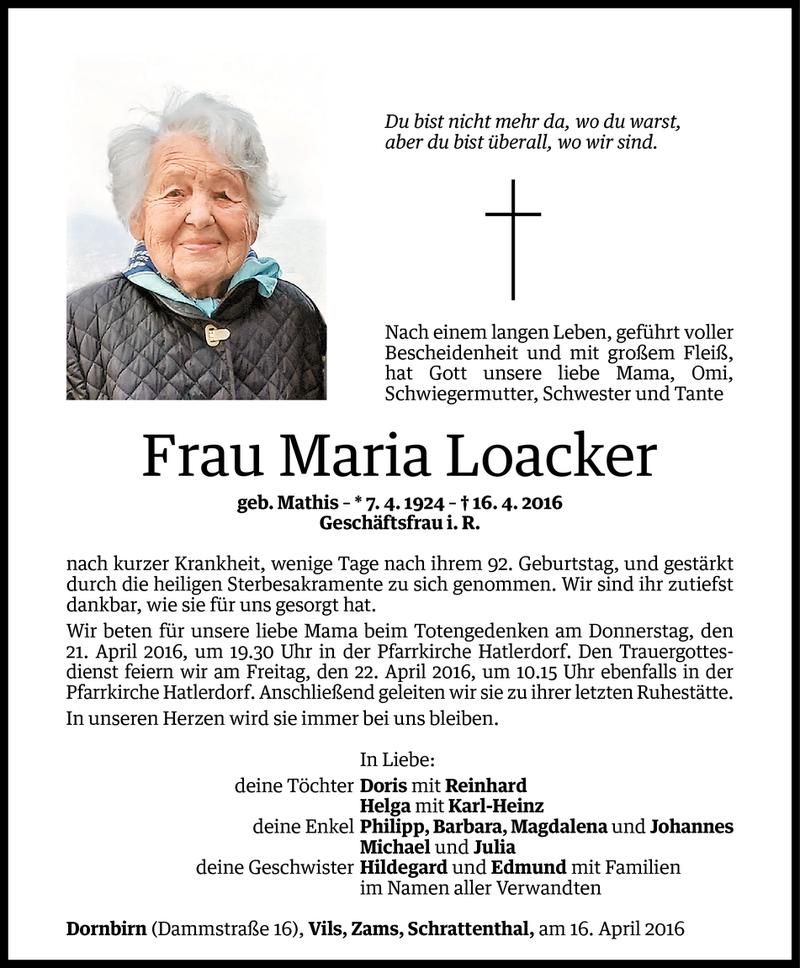  Todesanzeige für Maria Loacker vom 18.04.2016 aus Vorarlberger Nachrichten