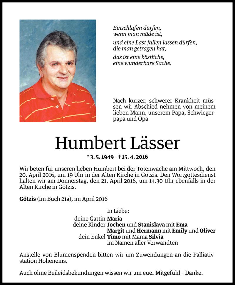  Todesanzeige für Humbert Lässer vom 18.04.2016 aus Vorarlberger Nachrichten